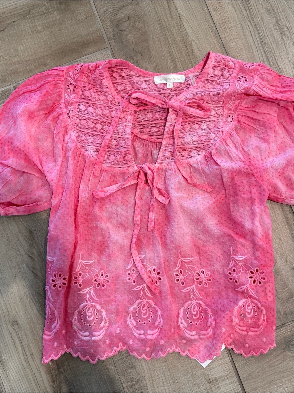 LOVESHACKFANCY Pink Eyelet Tie-Neck blouse top size small